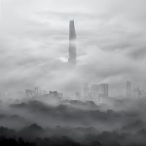 Tall skyscraper in the midst of heavy clouds, dark atmosphere, extremely foggy, heavy clouds, heavy rain, black and white