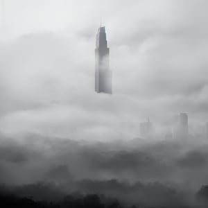 Tall skyscraper in the midst of heavy clouds, dark atmosphere, extremely foggy, heavy clouds, heavy rain, black and white