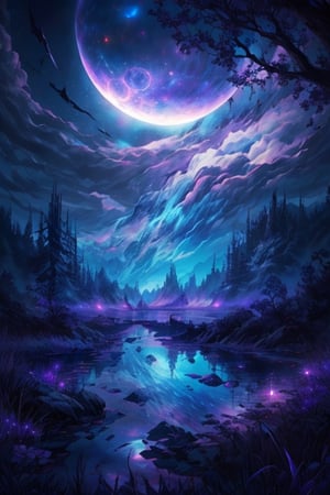 Man staring at night sky ripe with blue moon, Purple and Blue moon, Dark atmosphere, reflection::2