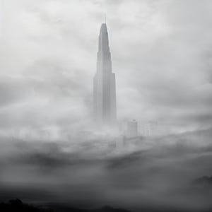 Tall skyscraper in the midst of heavy clouds, dark atmosphere, extremely foggy, heavy clouds, heavy rain, black and white