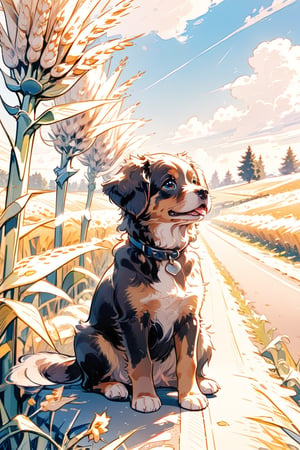 A brown fur puppy sitting, country road, blue sky, sunny, wheat field