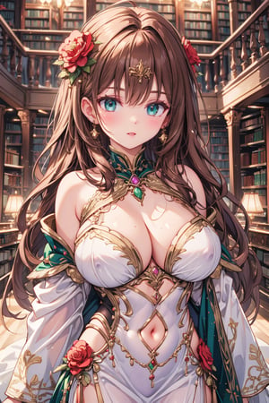 busty and sexy girl, Brown hair, green eyes, exposed shoulders, exposed navel,8k, masterpiece, ultra-realistic, best quality, high resolution, high definition,  enchanting fantasy-style costume, The predominant colors are white and purple, The dress features floral motifs and delicate gold accents, The overall design exudes elegance and magic,library