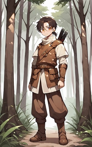 a boy,solo, looking at viewer, simple background, close mouth, Stand sideways, full body, brown eye,black hair,short hair,ponytail hairstyle,wearing glasses,Forest, brown leather armor, knife, belt, bow and arrow



