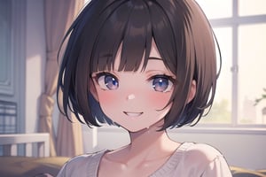 (8k, best quality, masterpiece, ultra high res, highly detail face:1.3), portrait, (20 years old girl:1.3), beautiful, kawaii, (very wide shot :1.2), (short hair :1.3), dark hair, ((bob)), clothes, from front, (smile :1.2), sweat , (morning:1.3), on the bed, jmf, jml,