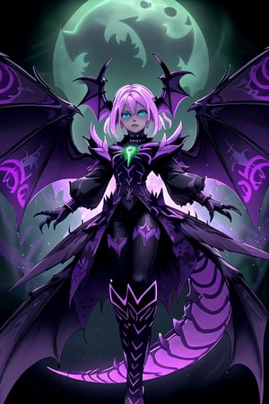 dragon, zombie, necrotic scales, black, purple, neon green, ominous glow, glowing, ghostly fire-colored eyes, wings with patterns reminiscent of interlocking computer codes, bone fragments protruding from wings, eerie aura, glowing runes like lines of programming, sharp claws, spectral hue, ethereal radiance