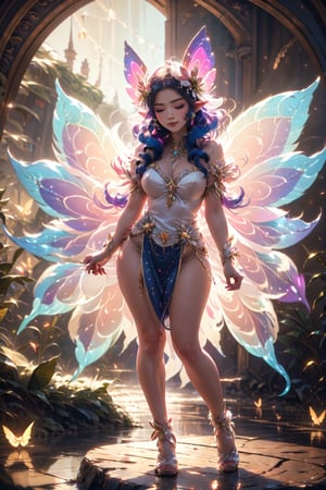 dark elf, fairy, butterfly_wings, gem, vibrant colors, (((bride))), short neck, looking_at_viewer , facing front, one eye closed, winking, finger on the lip,light smile,night, soft lighting, Detailedface, (portrait:1.2), GlowingRunes_blue, full body, big boobs, slim waist, beautiful face, beautiful nose, beautiful eyes, hyper-detailed, detailed reflection light, 64k volumetric lighting maximalist photo illustration, intricately detailed complex high-resolution, key visual, precise lineart, vibrant, panoramic, cinematic, masterfully crafted, 64k resolution, beautiful, stunning, ultra-detailed, expressive, hypermaximal, colorful, deep rich color, vintage concert promo poster, glamour, anime art, fantasy art, brush strokes,, 16k, UHD, HDR,(masterpiece:1.5), Nonsense, (best quality:1.5) ),