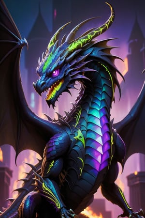 dragon,  dragon zombie, zombie, necrotic scales, black, purple, neon green, ominous glow, glowing, ghostly fire-colored eyes, wings with patterns reminiscent of interlocking computer codes, bone fragments protruding from wings, eerie aura, glowing runes like lines of programming, sharp claws, spectral hue, ethereal radiance,cyberpunk style