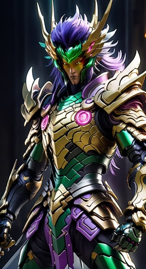 Shun character from Fenix Knights of the Zodiac agile angry, powerful figure wearing futuristic black and Green Hair, purple and pinkBronze Knights of the Zodiac armor and weapons, reflection mapping, realistic figure, hyper-detailed cinematic lighting photography, 32k uhd with a golden staff, lighting rgb in suit,
By: panchovilla,mecha