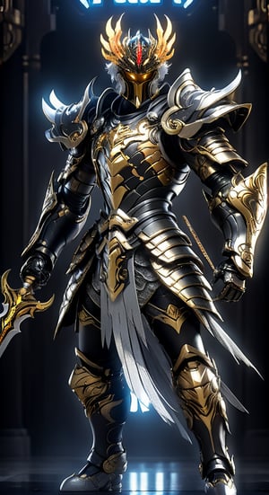 Ikky character from Fenix Knights of the Zodiac agile angry, powerful figure wearing futuristic black and SilverBronze Knights of the Zodiac armor and weapons, reflection mapping, realistic figure, hyper-detailed cinematic lighting photography, 32k uhd with a golden staff, lighting rgb in suit,
By: panchovilla,mecha