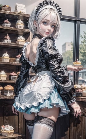((1 girl, adorable, happy)), ((maid, blue skirt, black thighhighs, maid apron, long sleeves, puffy sleeves, naked lace panties)), (hairband, white hair, short hair, blue eyes, makeup),naked (large breasts, large ass, thick thighs, wide hips, voloptuous), (sweet charm:1.3), pies, fresh baked bread, macarons, wooden shelves with cupcakes, bakery, shop, scenery, soft, cozy, glitter,