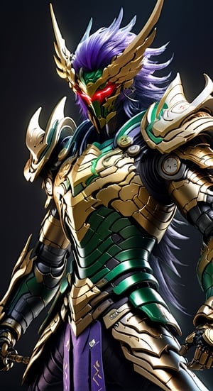 Shun character from Fenix Knights of the Zodiac agile angry, powerful figure wearing futuristic black and Green Hair, purple and pinkBronze Knights of the Zodiac armor and weapons, reflection mapping, realistic figure, hyper-detailed cinematic lighting photography, 32k uhd with a golden staff, lighting rgb in suit,
By: panchovilla,mecha