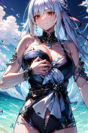 Super small black swimsuit, big breasts, looming, solo, cleavage, 1girl, upper body, highest quality, sea, black eyeband, holding a child with white hair and red eyes