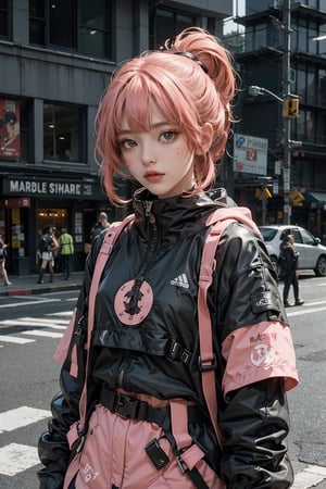 1girl,AgoonGirl ,Detailedface,outfit,Detailedeyes, , red hair,pink hair, urban techwear