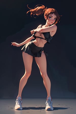 ((Masterpiece)),((Ultra Best quality)),Photorealistic,8k raw photo,((Hyperdetailed)),Girl,((Any Pose)).Beautiful Face,Black Crop Top lingerie,Black Skirt,,Looking On Viewer,blurry_light_background, ((Big Round Boobs)), detailed, perfect body, perfect hand,full body,wearing sneakers,ponytail