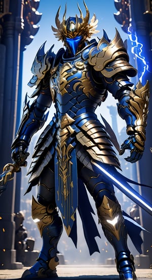 Ikky character from Fenix Knights of the Zodiac agile angry, powerful figure wearing futuristic black and Dark blue Bronze Knights of the Zodiac armor and weapons, reflection mapping, realistic figure, hyper-detailed cinematic lighting photography, 32k uhd with a golden staff, lighting rgb in suit,
By: panchovilla,mecha