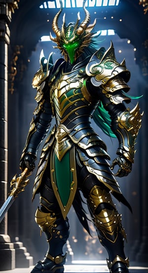 Shyriu character from Dragon  Knights of the Zodiac agile angry, powerful figure wearing futuristic black and GreenBronze Knights of the Zodiac armor and weapons, reflection mapping, realistic figure, hyper-detailed cinematic lighting photography, 32k uhd with a golden staff, lighting rgb in suit,
By: panchovilla,mecha