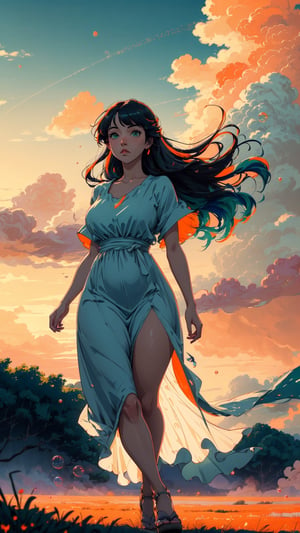 ((masterpiece)), (best quality), (cinematic), a woman in a long white dress, running through an open field, long black hair, bangs, chubby, wide hips, full body, green eyes, freckles on cheeks, wind, detailed face, detailed body, red and orange sky, glow, clouds, vegetation, green plains, floating bubbles, (cinematic, colorful), vast field, (extremely detailed), inspired by Studio Ghibli, EpicSky, cloud, sky, highly detailed, detailed face