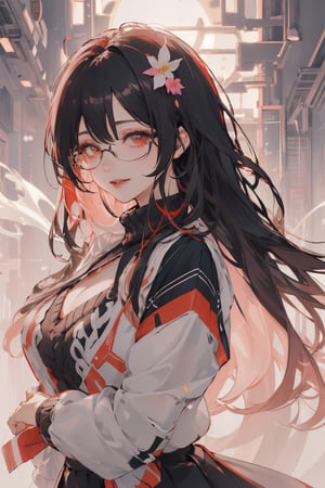 8k, (absurdres, highres, ultra detailed), (1lady:1.3), (((black hair))), (((long hair))), ultra resolution image, kawaii, mystery, aesthetic:1.2, colorful, dynamic angle, highest detailed face), big glasses, black rimmed glasses, happy smile, (wearing a pink oversized_sweater:1.2), cleavage,pleated skirt, sunset, fall colors, beautiful trees, nature, flowers, windy, hair flowing in the wind, sun shinning through hair, high contrast, (official art, extreme detailed, highest detailed, natural skin texture, hyperrealism, soft light, sharp, perfect face), golden dawn, :d, Big boobs1:3. (((Smoky makeup))), curvy, ,midjourney