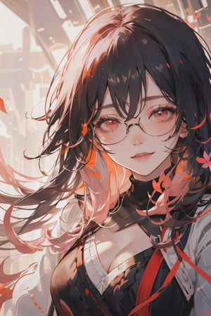 8k, (absurdres, highres, ultra detailed), (1lady:1.3), (((black hair))), (((long hair))), ultra resolution image, kawaii, mystery, aesthetic:1.2, colorful, dynamic angle, highest detailed face), big glasses, black rimmed glasses, happy smile, (wearing a pink oversized_sweater:1.2), cleavage,pleated skirt, sunset, fall colors, beautiful trees, nature, flowers, windy, hair flowing in the wind, sun shinning through hair, high contrast, (official art, extreme detailed, highest detailed, natural skin texture, hyperrealism, soft light, sharp, perfect face), golden dawn, :d, Big boobs1:3. (((Smoky makeup))), curvy, ,midjourney