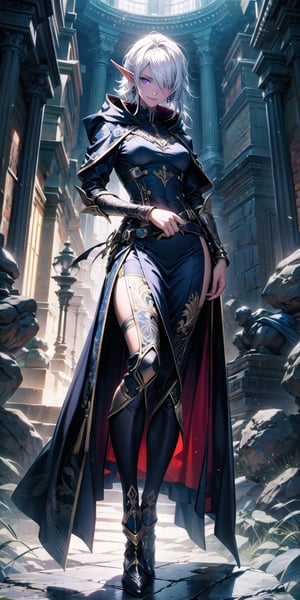 Beautiful girl, solo, dark elf, dark skin, white hair, purple eyes with a slight glow, long loose hair, straight bangs covers one eye, smirk, light armor, cloak, elaborate details, complex patterns, dinamic angle, action pose, volumetric lighting, multiple light sources, intricate detailed background, masterpiece, utra quality, sharp focus, (perfect waist line , perfect figure), full body,