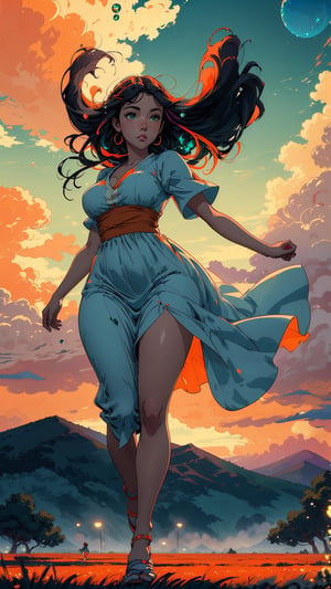 ((masterpiece)), (best quality), (cinematic), a woman in a long white dress, running through an open field, long black hair, bangs, chubby, wide hips, full body, green eyes, freckles on cheeks, wind, detailed face, detailed body, red and orange sky, glow, clouds, vegetation, green plains, floating bubbles, (cinematic, colorful), vast field, (extremely detailed), inspired by Studio Ghibli, EpicSky, cloud, sky, highly detailed, detailed face