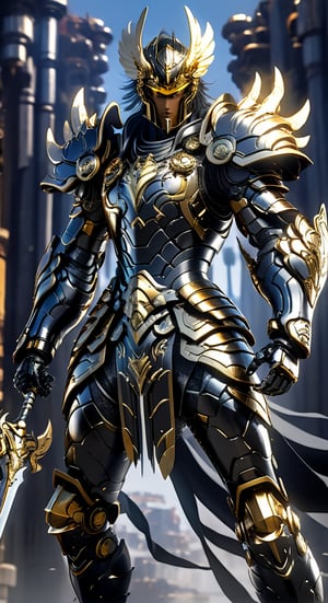 Seya character from Pegasus  Knights of the Zodiac agile angry, powerful figure wearing futuristic black and SilverBronze Knights of the Zodiac armor and weapons, reflection mapping, realistic figure, hyper-detailed cinematic lighting photography, 32k uhd with a golden staff, lighting rgb in suit,
By: panchovilla,mecha