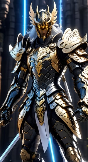 Seya character from Pegasus  Knights of the Zodiac agile angry, powerful figure wearing futuristic black and SilverBronze Knights of the Zodiac armor and weapons, reflection mapping, realistic figure, hyper-detailed cinematic lighting photography, 32k uhd with a golden staff, lighting rgb in suit,
By: panchovilla,mecha