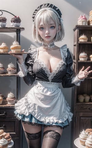 ((1 girl, adorable, happy)), nude ((maid, blue skirt, black thighhighs, maid apron, long sleeves, puffy sleeves, naked lace panties)), (hairband, white hair, short hair, blue eyes, makeup),naked (large breasts, large ass, thick thighs, wide hips, voloptuous), (sweet charm:1.3), pies, fresh baked bread, macarons, wooden shelves with cupcakes, bakery, shop, scenery, soft, cozy, glitter,