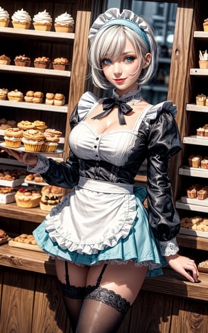 ((1 girl, adorable, happy)), ((maid, blue skirt, black thighhighs, maid apron, long sleeves, puffy sleeves, lace panties)), (hairband, white hair, short hair, blue eyes, makeup), (large breasts, large ass, thick thighs, wide hips, voloptuous), (sweet charm:1.3), pies, fresh baked bread, macarons, wooden shelves with cupcakes, bakery, shop, scenery, soft, cozy, glitter,