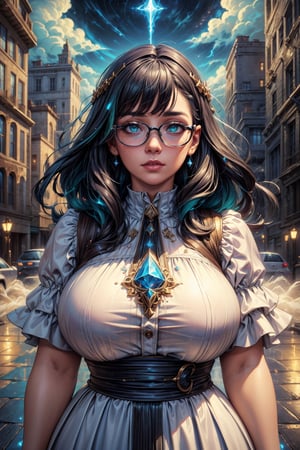 ((masterpiece)), (best quality), (cinematic), a chubby woman in a long white dress, close-up, puddles of water, woman with glasses, wide hips, long black hair, bangs, chubby, wide hips , light green eyes, freckles on cheeks, wind, detailed face, detailed body, gray and dark sky, glow, clouds, city lights, floating bubbles (cinematic, colorful), (extremely detailed), clouds, highly detailed face