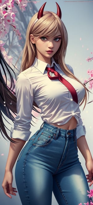 ((masterpiece, best quality)), chainsaw man (Power),Zendaya,white tight shirt, sexy lingerie(Medium Breast),(skinny black tie)Tight jeans,sexy,curvy body,detailed face,perfect eyes,detailed hands,2 red horns,light background,mix of fantasy and realistic elements,vibrant manga,uhd picture , crystal translucency, vibrant artwork,fairy,SMMars,power_csm,power \(csm\)