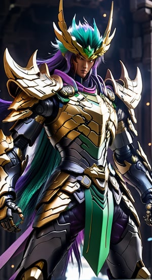 Shun character from Fenix Knights of the Zodiac agile angry, powerful figure wearing futuristic black and Green Hair, purple and pinkBronze Knights of the Zodiac armor and weapons, reflection mapping, realistic figure, hyper-detailed cinematic lighting photography, 32k uhd with a golden staff, lighting rgb in suit,
By: panchovilla,mecha