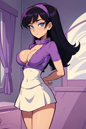 masterpiece, best quality, extremely detailed, HIGH QUALITY, perfect eye
s, looking at viewer, black hair, blue eyes, showing legs, purple hairband, , purple sweather, white skirt, arms behind back, school background, big boobs,trixie tang