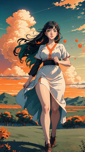 ((masterpiece)), (best quality), (cinematic), a woman in a long white dress, running through an open field, long black hair, bangs, chubby, wide hips, full body, green eyes, freckles on cheeks, wind, detailed face, detailed body, red and orange sky, glow, clouds, vegetation, green plains, floating bubbles, (cinematic, colorful), vast field, (extremely detailed), inspired by Studio Ghibli, EpicSky, cloud, sky, highly detailed, detailed face