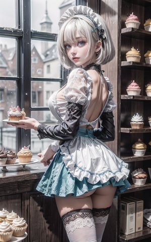 ((1 girl, adorable, happy)), ((maid, blue skirt, black thighhighs, maid apron, long sleeves, puffy sleeves, naked lace panties)), (hairband, white hair, short hair, blue eyes, makeup),naked (large breasts, large ass, thick thighs, wide hips, voloptuous), (sweet charm:1.3), pies, fresh baked bread, macarons, wooden shelves with cupcakes, bakery, shop, scenery, soft, cozy, glitter,