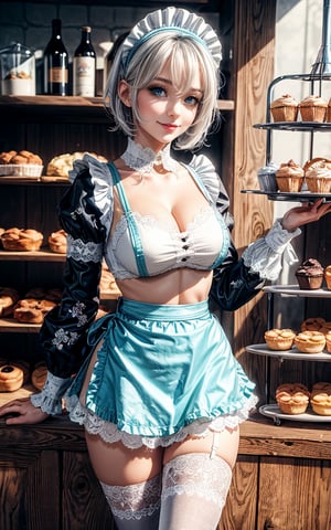 ((1 girl, adorable, happy)), ((maid, blue skirt, black thighhighs, maid apron, long sleeves, puffy sleeves, lace panties)), (hairband, white hair, short hair, blue eyes, makeup), (large breasts, large ass, thick thighs, wide hips, voloptuous), (sweet charm:1.3), pies, fresh baked bread, macarons, wooden shelves with cupcakes, bakery, shop, scenery, soft, cozy, glitter,