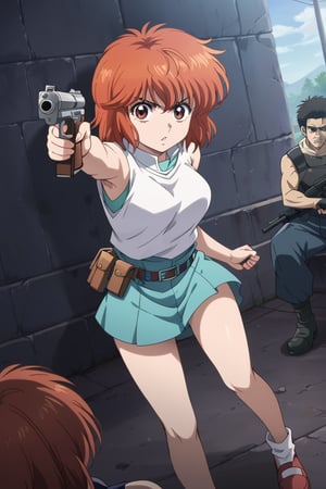 1girl, clothe, gun, aiming, yoko, short hair