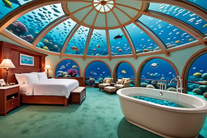 A suite, under sea, glass dome, bed, bathtub 