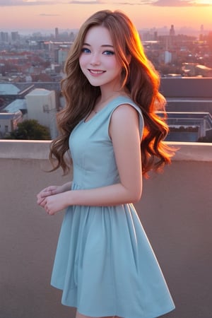 1girl, golden long hair, wavy_hair, blue eyes, dress, kind smile, looking_at_viewer, outdoor, city, sunrise