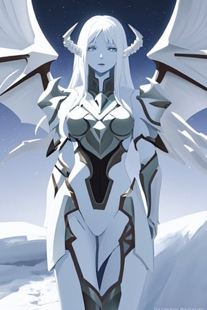 Dragon girl, white skin, wings, white armor, blizzard, anime