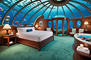 A suite, under sea, glass dome, bed, bathtub 