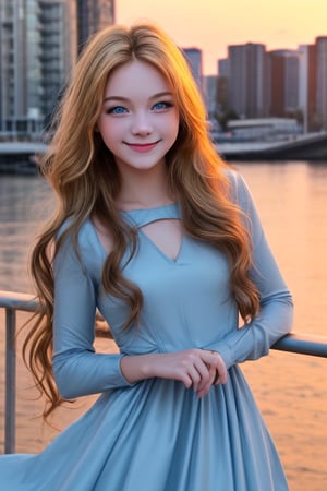 1girl, golden long hair, wavy_hair, blue eyes, dress, kind smile, looking_at_viewer, outdoor, city, sunrise