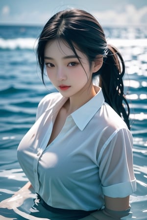 Close up, 1 girl,  Asian,  18 years old,  beautiful face,  huge breasts, wet button shirt, detailed hairstyles, looking at the viewer, in ocean pool,REALISTIC,<lora:659111690174031528:1.0>