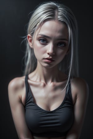 Protrait, 15 years old girl, cute russian teenager, half_upper_body, emma_myers, oval jaw, delicate features, beautiful face, closed_mouth, natural make-up, pale skin, dreadlocked silver hair, long bangs, long ponytail, bright dark eyes, big eyes, skinny, little breasts, little girl, she is wearing a white tank-top, smooth grey background, dark theme, profesional photography,perfect eyes, eyecontact,fantasy_princess,KnollingCaseQuiron style,westworld,MetalAI