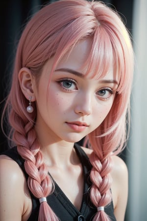 rusian, teenager, photograph, sweet facts, skinny, oval jaw, delicate features, beautiful face, dreadlocked pink hair, ear-plugs, long bangs, ponytail, detailed big eyes, soft skin, natural make-up, kawaii theme, cold light