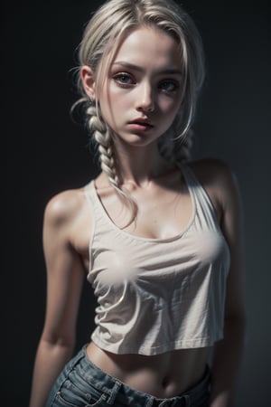 Protrait, 15 years old girl, cute russian teenager, half_upper_body, emma_myers, oval jaw, delicate features, beautiful face, closed_mouth, natural make-up, pale skin, dreadlocked silver hair, long bangs, long ponytail, bright dark eyes, big eyes, skinny, little breasts, little girl, she is wearing a white tank-top, smooth grey background, dark theme, profesional photography,perfect eyes, eyecontact,fantasy_princess,KnollingCaseQuiron style,westworld,MetalAI