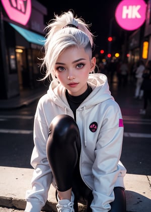 edgNoire,upper body shot,female,((full body)), woman wearing casual hoodie with logos, sleek designer bodysuit, (cyber leggings:1.1), sneakers,((white clothes)),cyberpunk scene,a 15 yo skater girl, white hair,long hair,Wavy hair, (hi-top fade:1.3), dark theme, neon cyberpunk aesthetic, soothing tones, muted colors, high contrast, (natural skin texture, hyperrealism, soft light, sharp),light smile,(cute face),natural beauty, russian, oval jaw,portrait, teenager, photograph, sweet facts, delicate features, beautiful face, long bangs, ponytail, detailed big eyes, soft skin, natural make-up, kawaii theme, cold light,((best quality))