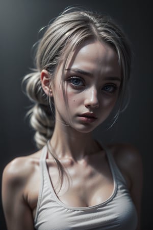 Protrait, 15 years old girl, cute russian teenager, half_upper_body, emma_myers, oval jaw, delicate features, beautiful face, closed_mouth, natural make-up, pale skin, dreadlocked silver hair, long bangs, long ponytail, bright dark eyes, big eyes, skinny, little breasts, little girl, she is wearing a white tank-top, smooth grey background, dark theme, profesional photography,perfect eyes, eyecontact,fantasy_princess,KnollingCaseQuiron style,westworld,MetalAI