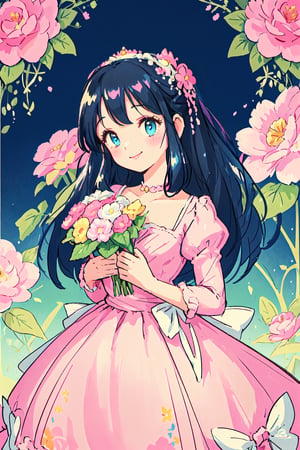 (best quality:1.2), (hyper detailed)
blue eyes, black hair, long hair,(parted bangs:1.2),(slicked back:0.8), smile,

Style - Retro Floral Delight

Background - Vintage Floral Patterns and Soft Pink Hues

Subject - Lovely and Cute Flower Enthusiast

View - Playful Scene in a Charming Garden

Appearance - Adorned in a Pink Retro Dress with Flower Accents

Outfit - Vintage Accessories and Cute Hair Accessories

Pose - Holding a Bouquet of Colorful Flowers

Details - Hair Adorned with a Cute Bow, Colorful Accessories

Effects - Soft Pink Glow and Playful Backdrop

Description - Step into a world of "Retro Floral Delight" with this lovely and cute character. With a passion for flowers, she exudes a cheerful and playful demeanor that brightens any scene. Against a backdrop of vintage floral patterns and soft pink hues, she stands out in her pink retro dress adorned with charming flower accents. Her outfit is carefully accessorized with vintage pieces and cute hair accessories, adding to her retro charm. In a graceful pose, she holds a vibrant bouquet of colorful flowers, reflecting her joyful spirit. Her hair is beautifully adorned with a cute bow and various colorful accessories, creating a delightful and whimsical appearance. The soft pink glow and playful backdrop complete the enchanting atmosphere, making it a truly retro floral fantasy. This character is a true flower enthusiast, radiating positivity and capturing hearts with her charming retro style and floral elegance.