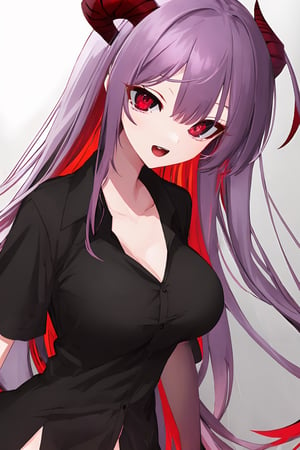 (best quality:1.2), (hyper detailed),

 ilulu, curled horns, horns, long hair, multicolored hair, purple hair, (red eyes:1.5), red hair, (slit pupils:1.5), (large breasts:1.2), open mouth, BREAK black shirt, (long shirt:1.5), black thighhighs, collarbone, shirt, short sleeves, thighhighs, wide sleeves, zettai ryouiki, BREAK looking at viewer, upper body, fully body, 